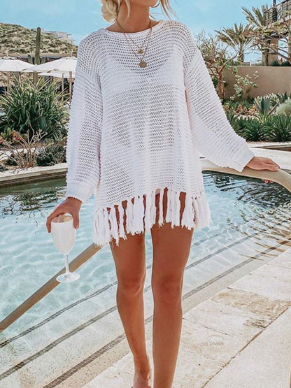 Angel Wings Openwork Tassel Hem Long Sleeve Knit Cover Up