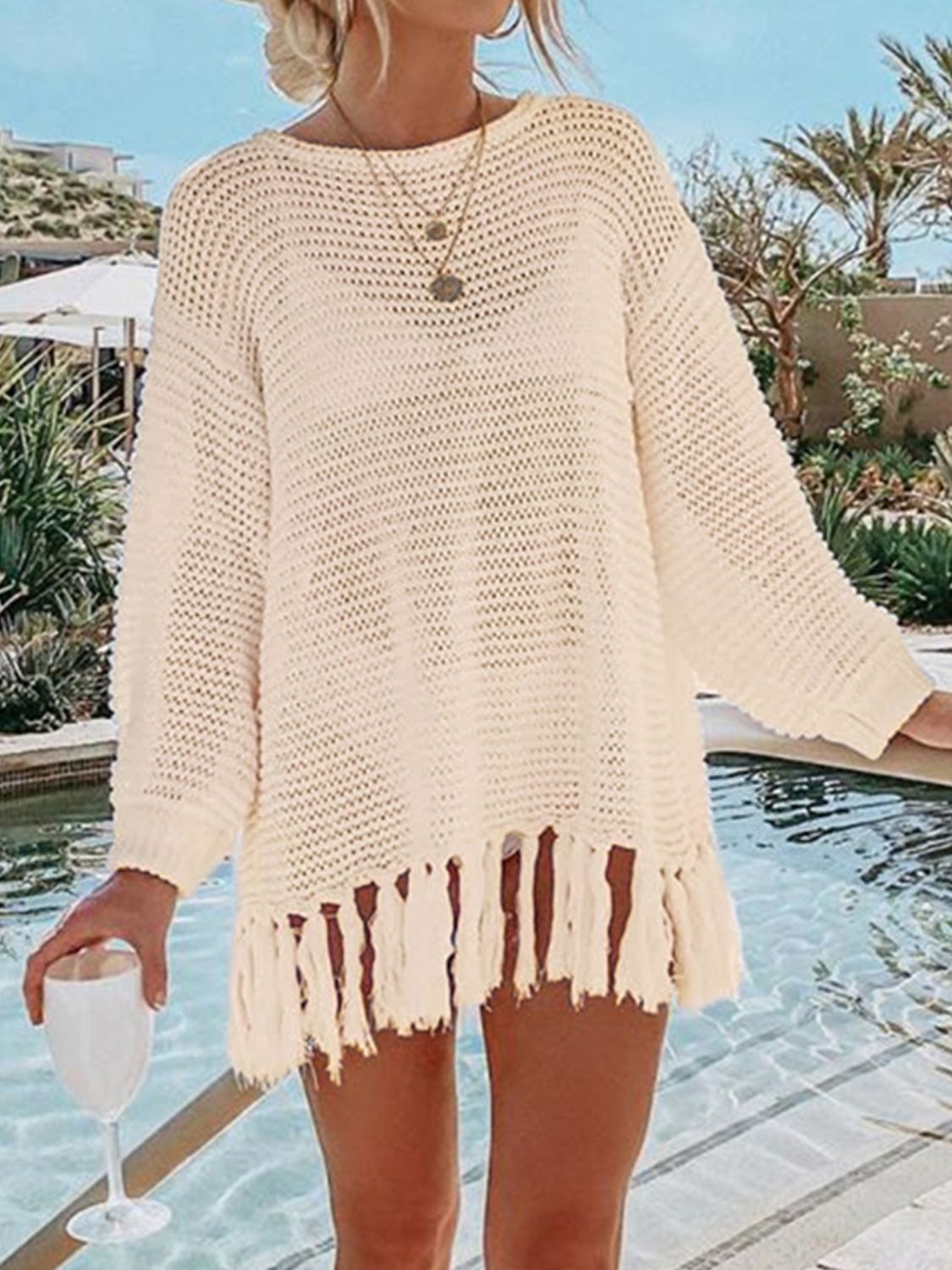 Angel Wings Openwork Tassel Hem Long Sleeve Knit Cover Up